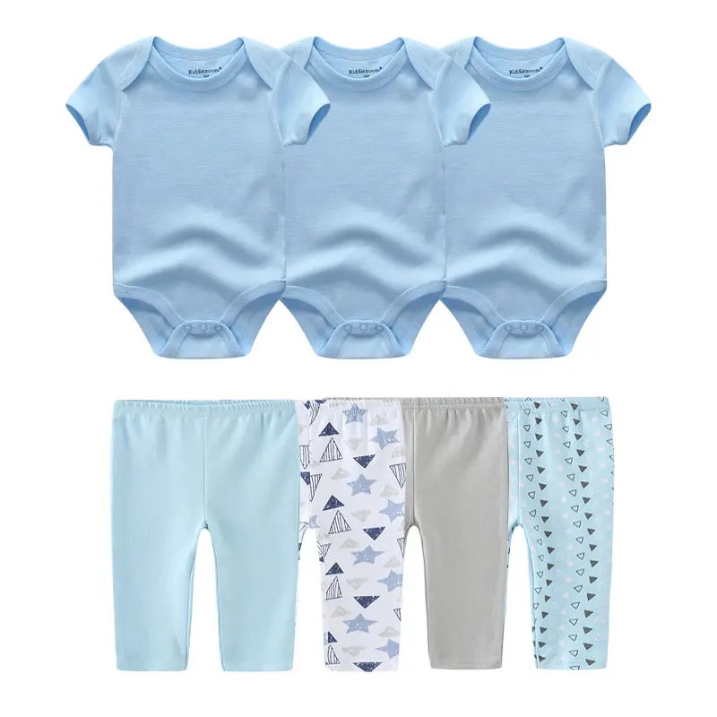 7 Pieces Infant Baby Set 3 Plain Short Sleeve Onesie & 4 Printed Cotton Trousers Soft Newborn Boy Girl Daily Clothes