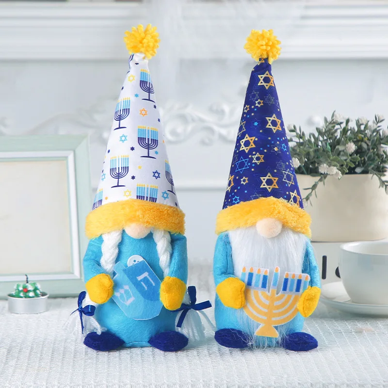 Cute Hanukkah Doll Faceless Gnome Elf Doll Creative Blue Tall Hat Rudolph Doll Ornament Home Desktop Decoration Gifts for Kids