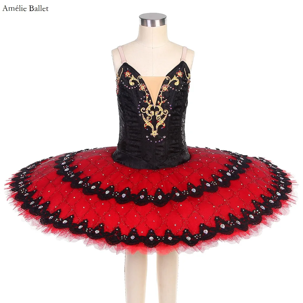 

B22202 Customized Black Bodice Professional Ballet Dance Tutus Pancake Tutu with 10 Layers of Red Stiff Tulle Tutu Dress