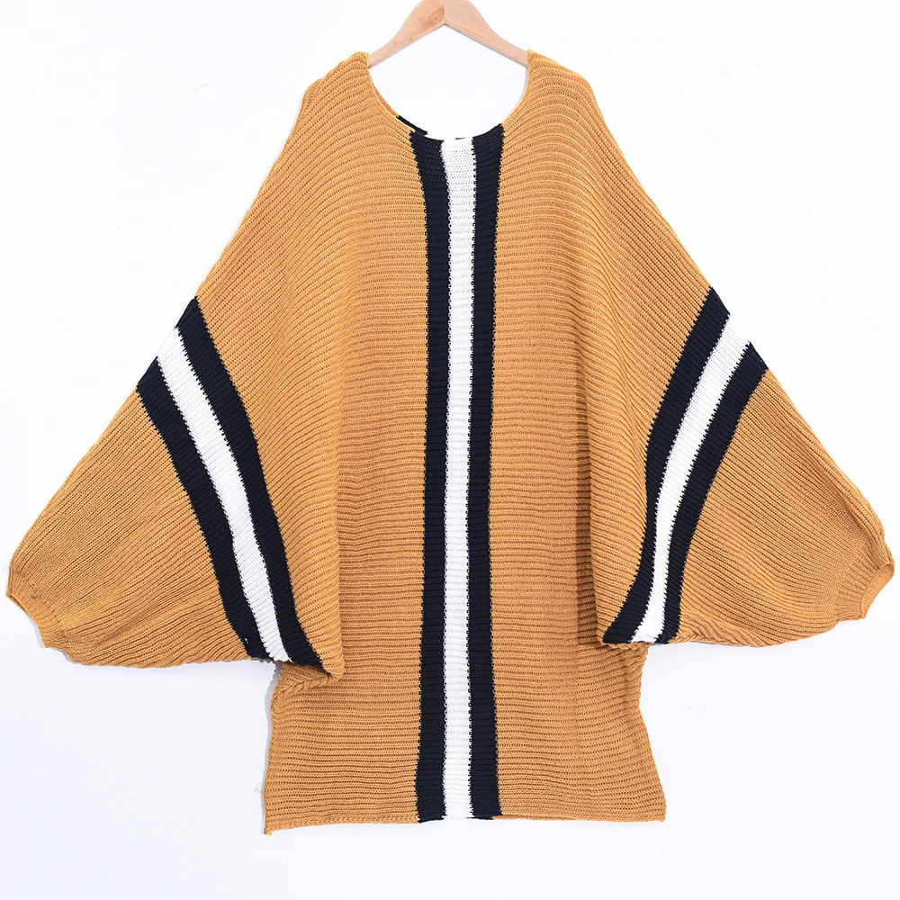 

Women Stripes Sweater Loose O-Neck Knitted Pullovers Autumn Winter Plus Size Mid Length Version Batwing Sleeve Women Tops