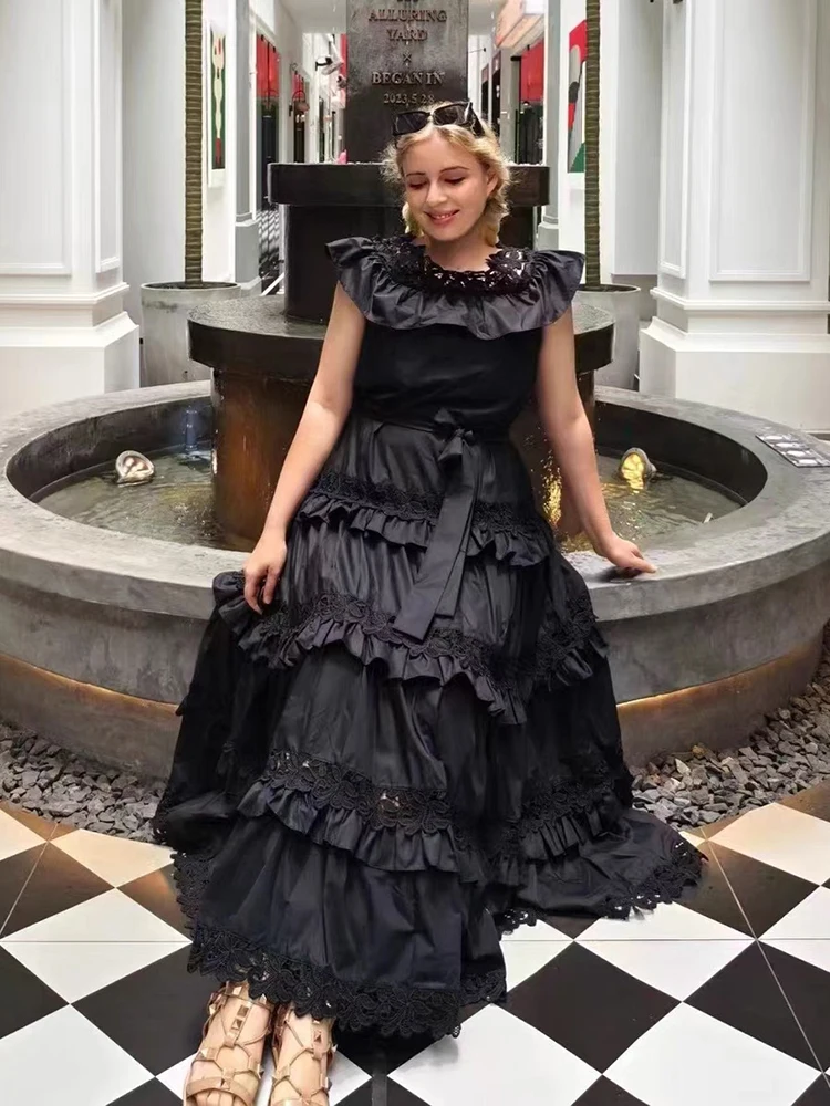 Novo babado um ombro vestidos longos primavera feminino sem mangas rendas em camadas vestido de verão cintura alta grande balanço tornozelo comprimento vestido