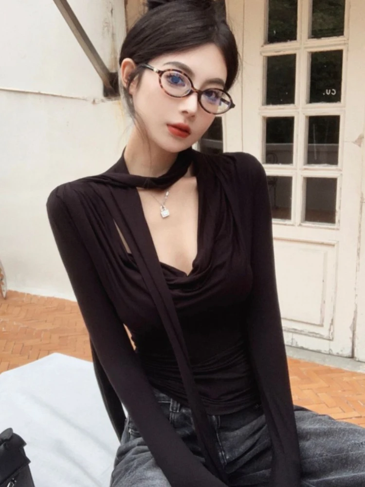 Korean Vintage All Match Solid T-shirts Long Sleeve V Neck Chic Bottoming Tshirts Y2k Aesthetic Grunge Simple Tee Shirts Women