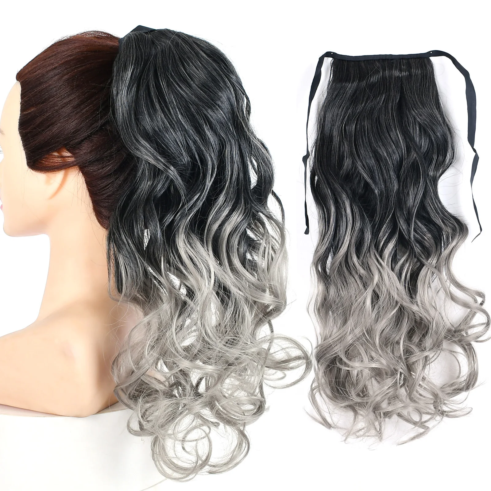 Jeedou Synthetic Long Straight Gray Color Wavy Hair Ponytails Ribbon Drawstring Ponytail Hair Extensions Hairpiece