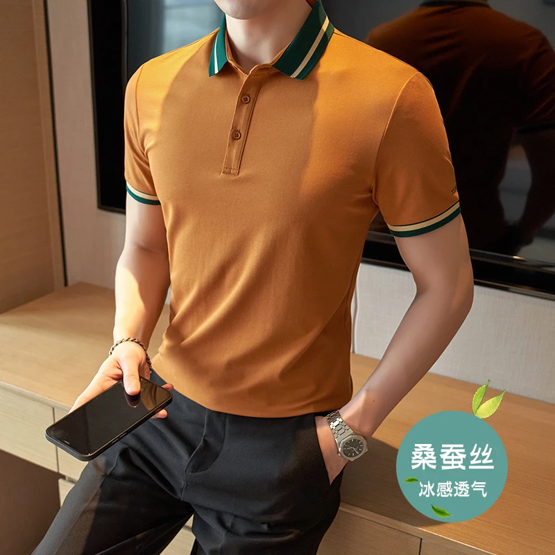 Men's Summer Casual Short Sleeved Polo Shirts/Male Fashion High Quality Breathe Short Sleeve Polo Shirt Mulberry Silk Clothing