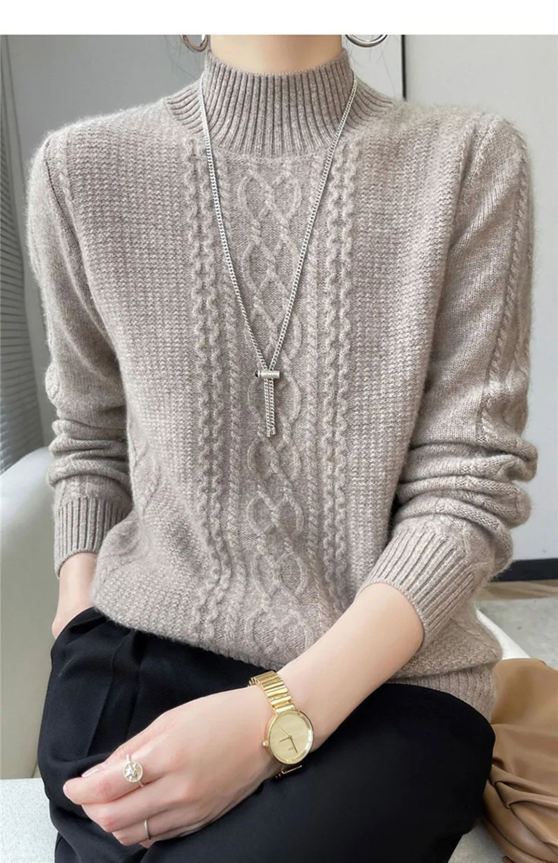 Neue Frühjahr Gestrickte Pullover Halb Hohen Kragen Lose Dicke Warme Pullover Für Frauen Vintage Wolle Herbst Winter Mutter Bodenbildung Top – Detail 4