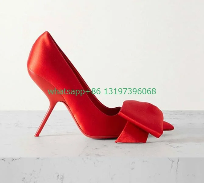 

Lady elegant stain bowtie design high heels red black pointed toe pumps banquet new arrive slip-on pumps size 34-46 footwear