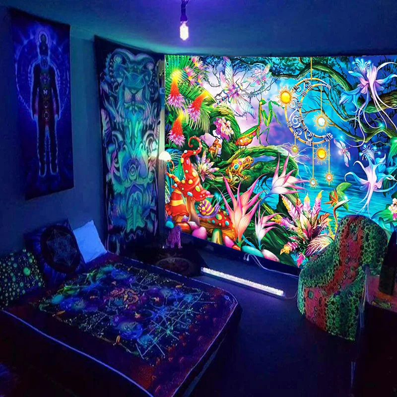 

Black Light Tapestry Wall Hanging UV Reactive Psychedelic World Hippie for Bedroom Dorm Indie Room Decor