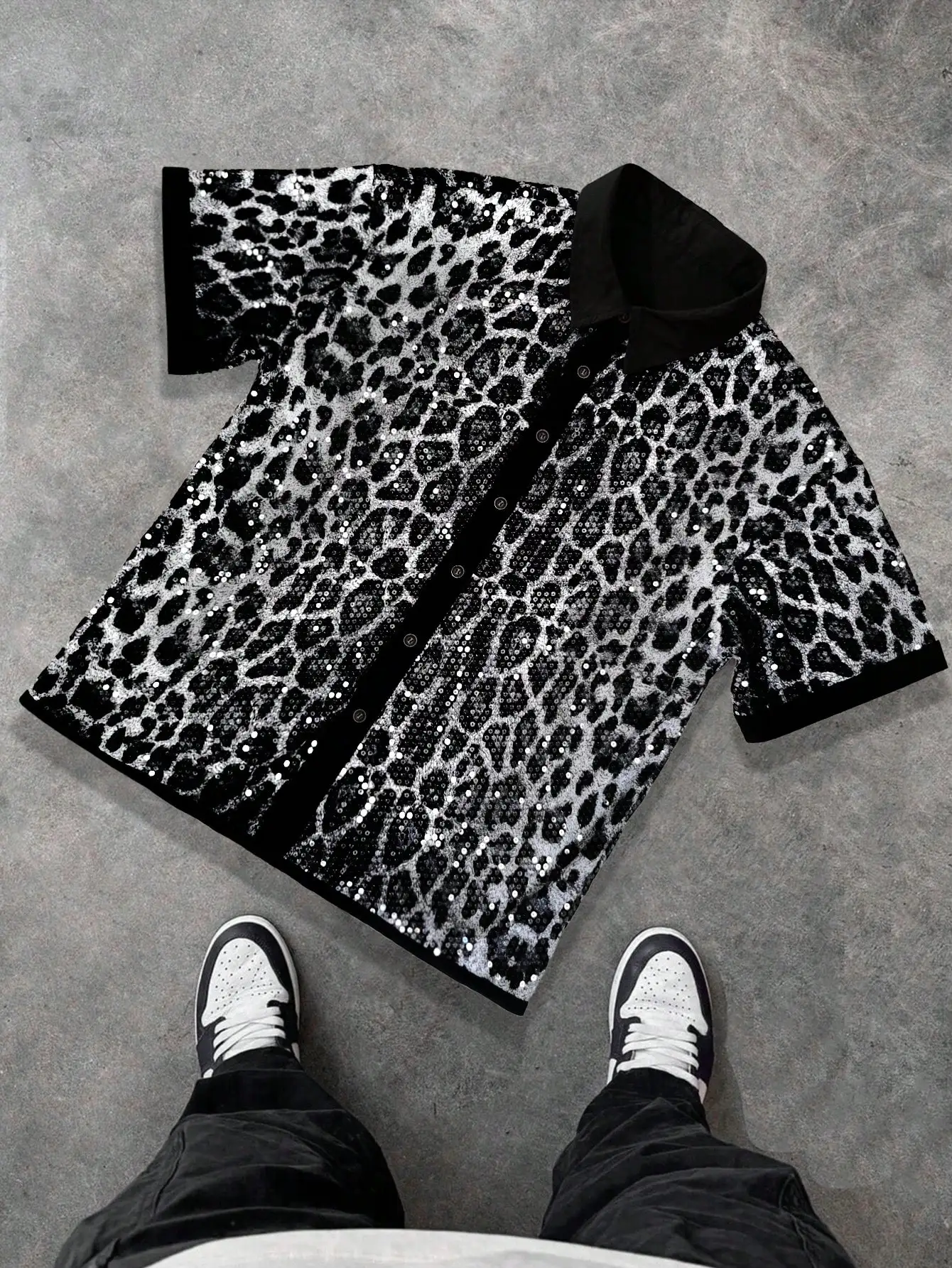 

Men's Black & Silver Leopard Print Sequin Button-Up Shirt
