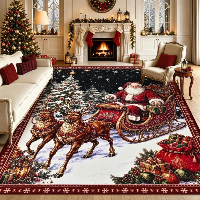 Christmas Living Room Carpet Vintage Santa Sleigh Reindeer Bedroom Bedside Rug Festive Decor Non-Slip Sofa Coffee Table Mats