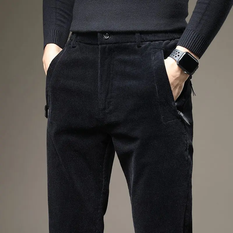Autumn Winter Casual Thick Pockets Spliced Straight Pants Male Clothes Fashion Trend Elastic Waist Solid Color Men's Trousers