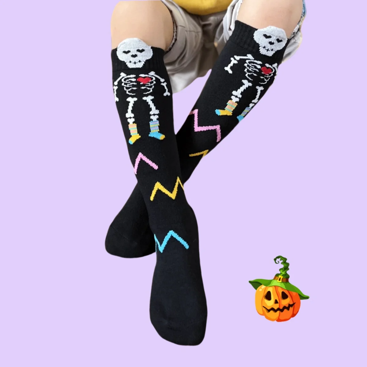 Halloween Socks for Kids Skeleton Skull Print Knee High Socks Black Boys Girls Bones Spooky Gift Ideas Carnival Theme Party