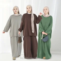 Womens 2 Peice Modest Thickening Knitting Suit Solid Color Multi-Color Long Loose Two-Piece Set Turkey Dresses For Women Luxury