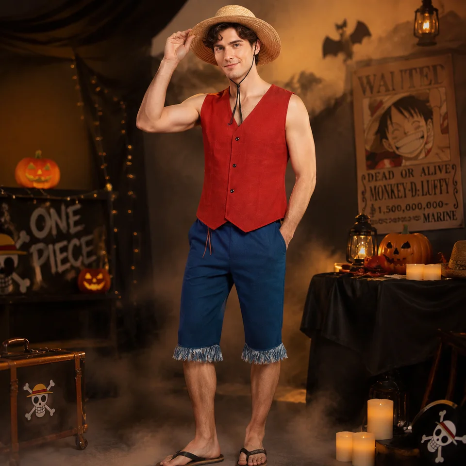 Disfraz de cosplay de Monkey D. Luffy para hombre, conjunto de anime para fiesta de Halloween con chaleco rojo, shorts, sombrero de paja y cuerda 3