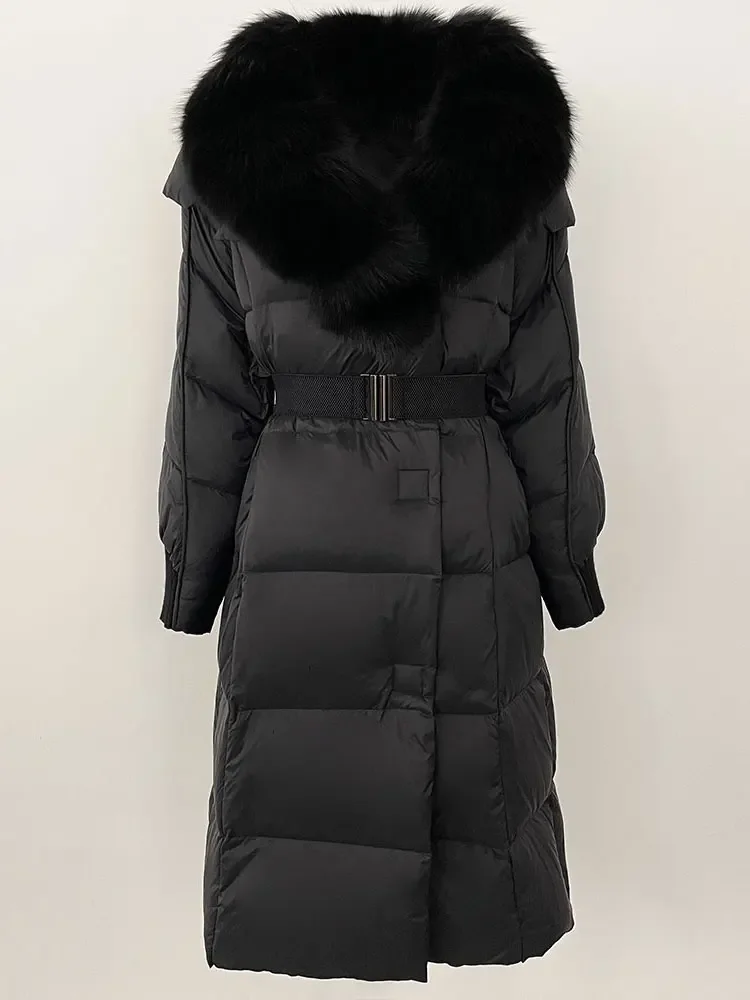 2025 المرأة الشتاء سترة طويلة الطبيعية ريال الراكون الثعلب الفراء طوق الأبيض بطة أسفل معطف حزام سميكة الدافئة ملابس خارجية غير رسمية