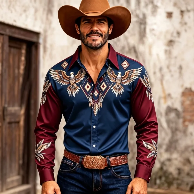 Men Long Sleeve Shirt Western Eagle Geometric Print Turn Down Collar Button Up Autumn Winter Daily Casual Tops Men's Clothing