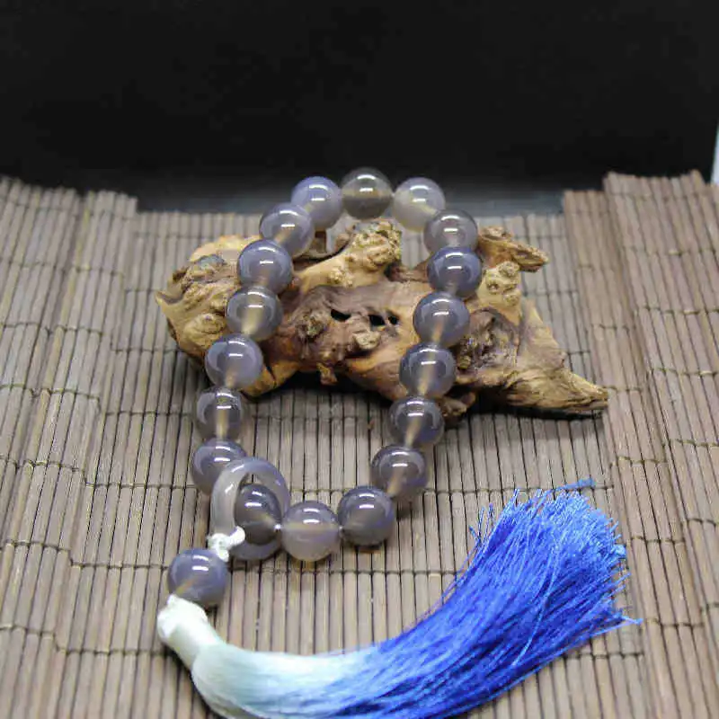 Chalcedony 18 Handheld Buddhist Prayer Gray Agate Twisted Beads Tassel Bracelet Jade