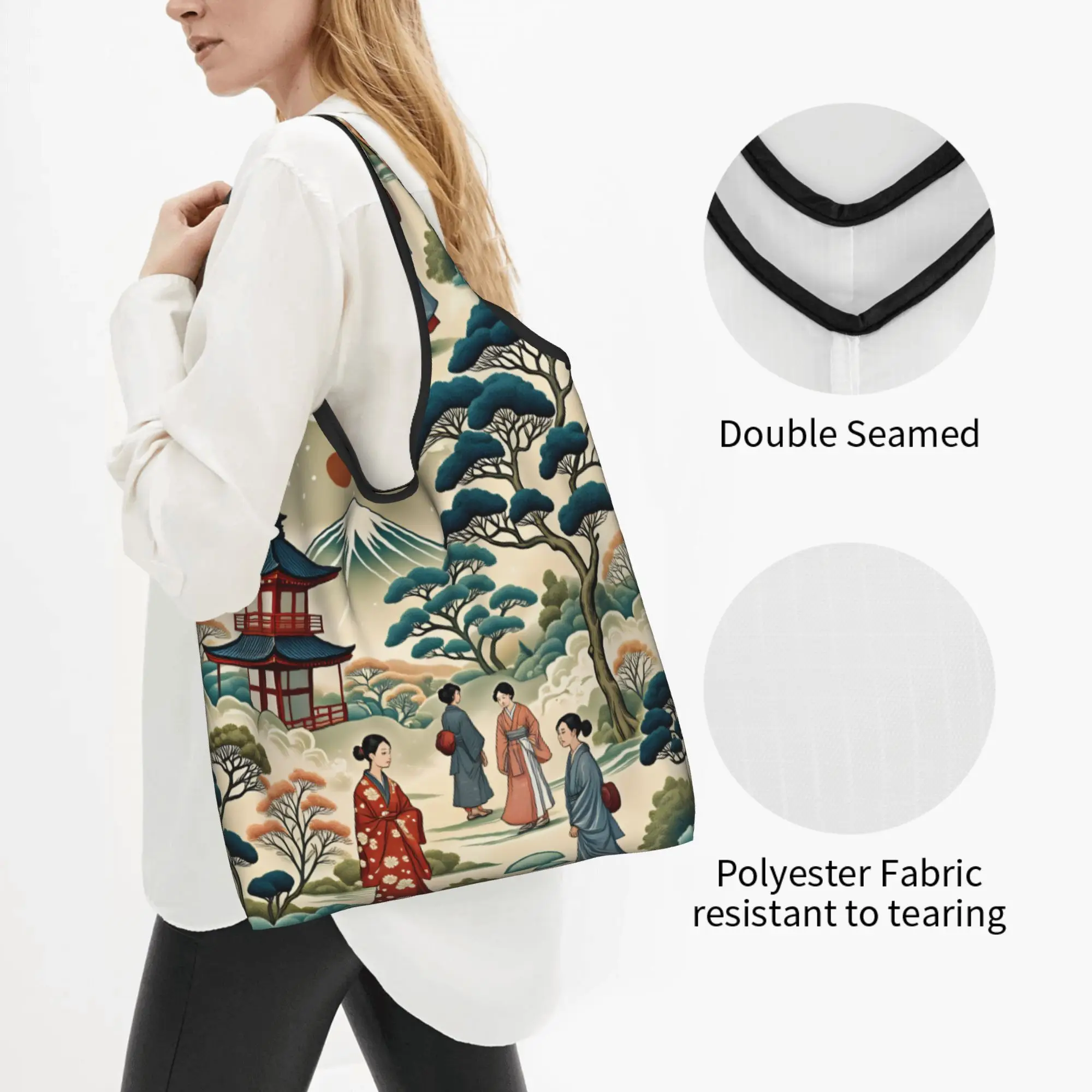 Recycling Kimono Worn Effect Japan Ukiyoe Art Shopping Bag Women Tote Bag Portable  Groceries Shopper Bags
