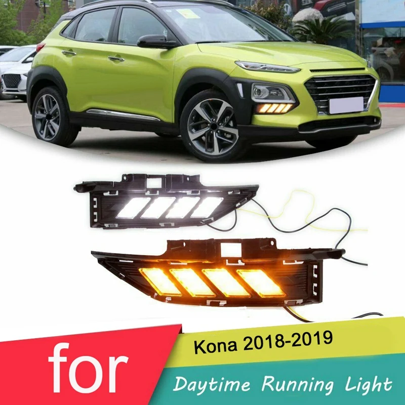 

For Hyundai Kona 2018-2019 Front L+R LED DRL With Turn Signal Daytime Running Light Fog Lamp 2 Color