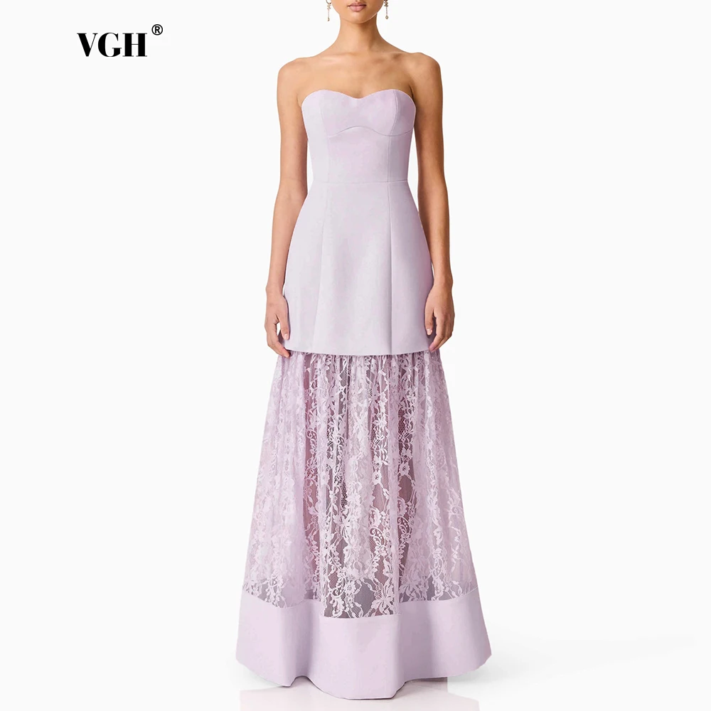

VGH Elegant Purple Strapless Maxi Dresses for Women Sleeveless Slimming Spliced Sheer Lace Skirt for Formal Events Red Carpet