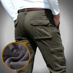 Men's Winter Thick Warm Fleece Cargo Pants Multi-pocket Overalls Male Autumn Casual Brand Cotton Straight Jeans Long Trousers