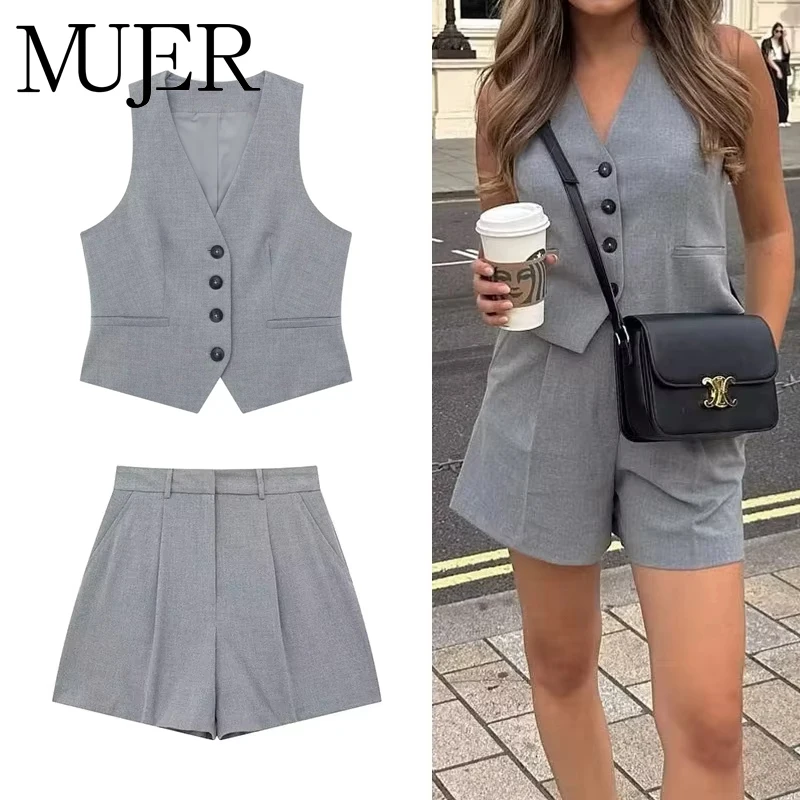 

MUJER серый укороченный жилет женский жилет без рукавов с v-образным вырезом женский модный летний женский костюм жилет на пуговицах короткие пальто жилет