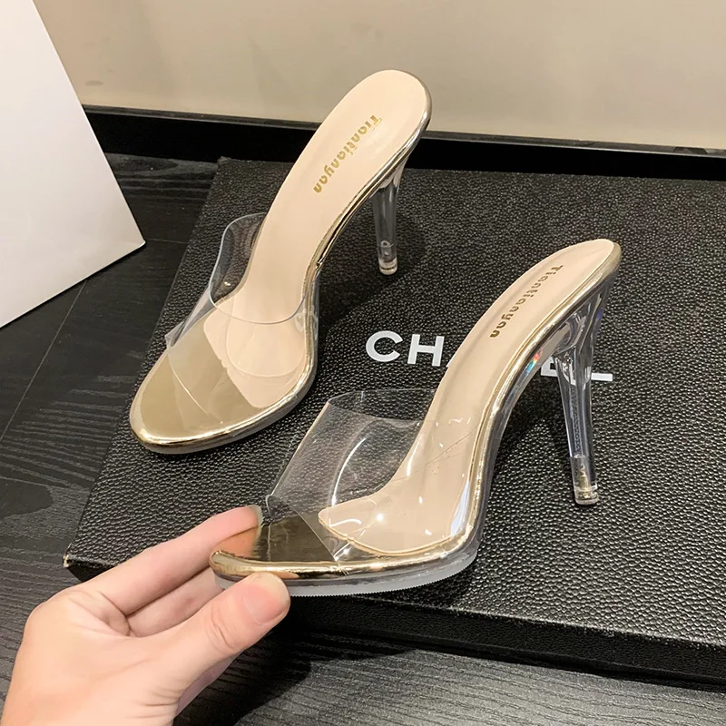 Slippers Women Summer Transparent Heel Female Shoes Low Square heel Slides Heeled Mules Platform Pointed Toe 2024 Block High