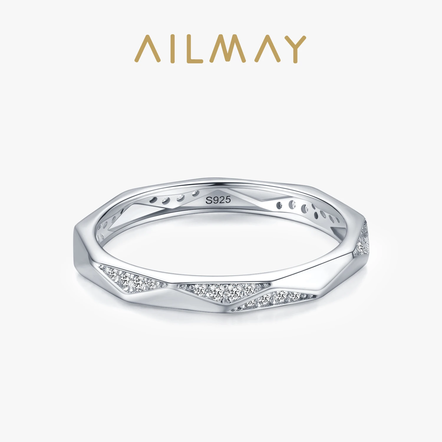 Ailmay Real 925 Sterling Silver Geometric Design Minimalist Rings Clear Zircon For Women Girls Anti-allergy Fine Jewelry Gifts