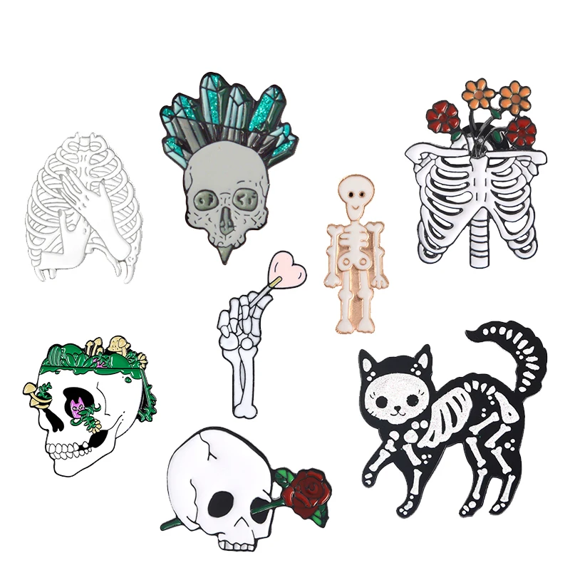 Rebirth Enamel Pin Custom Skeleton Rib cage Flowers Brooches Bag Clothes Lapel Pin Gothic Badge Punk Jewelry Gift for Friends