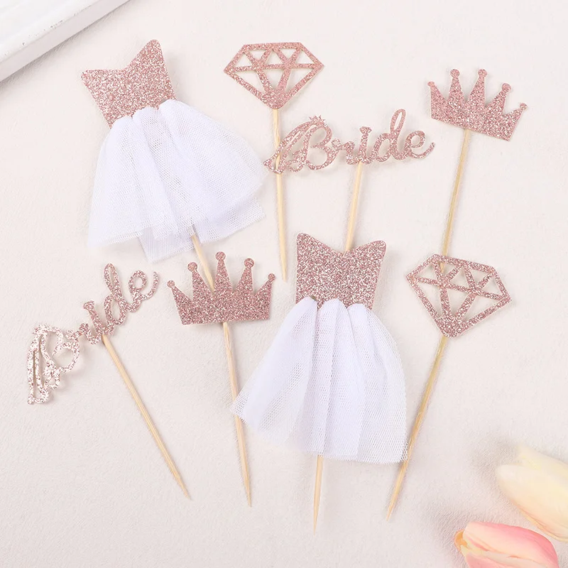8pcs Glitter Bride To Be Wedding Dress Cupcake Topper Rose Gold Wedding Bridal Shower Bachelorette Party Cake Decoration