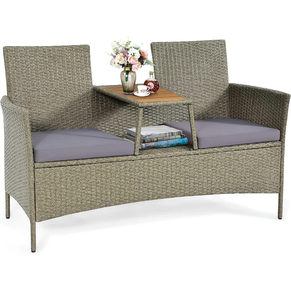 2-Person Patio Rattan Conversation Furniture Set Loveseat Coffee Table