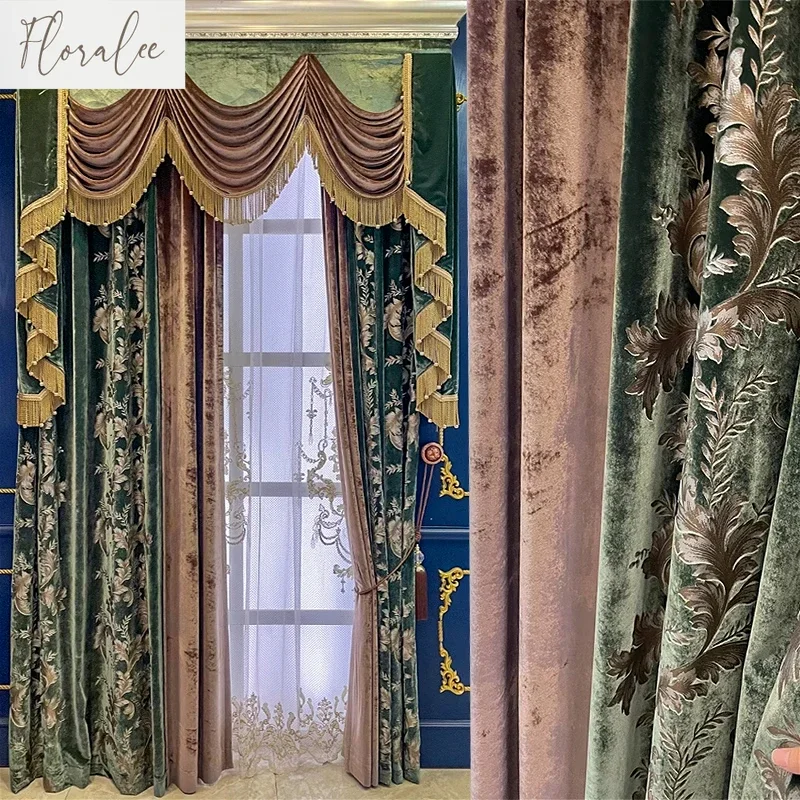 

New European Style Luxury Velvet Bronzing Curtains for Villa Living Room Villa Splicing Green Embroidered Curtain Yarn Custom