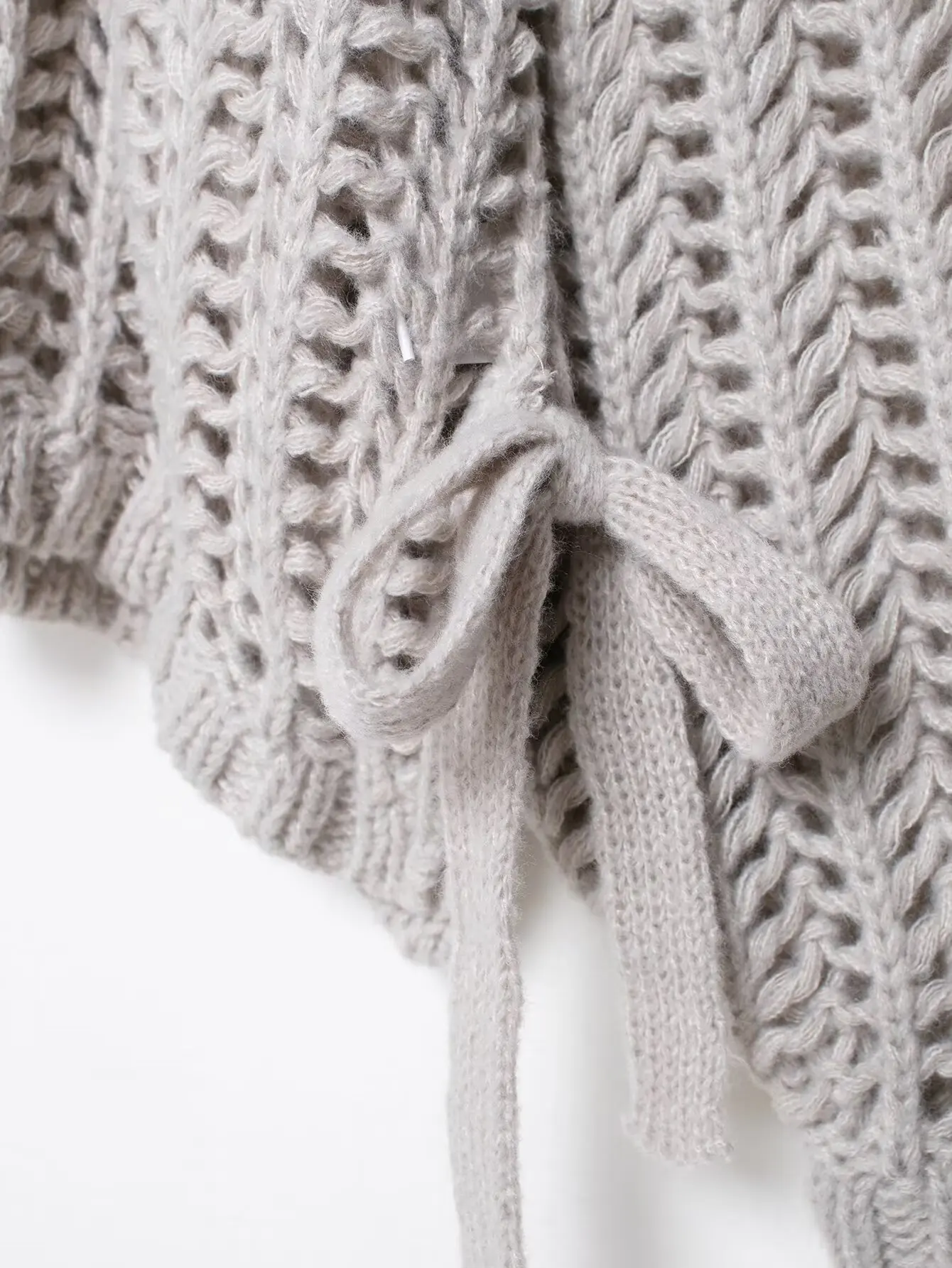 2025 doux gros Crochet évider trou pulls femme col rond manches Raglan nœud fente pull tricots pull ample gris