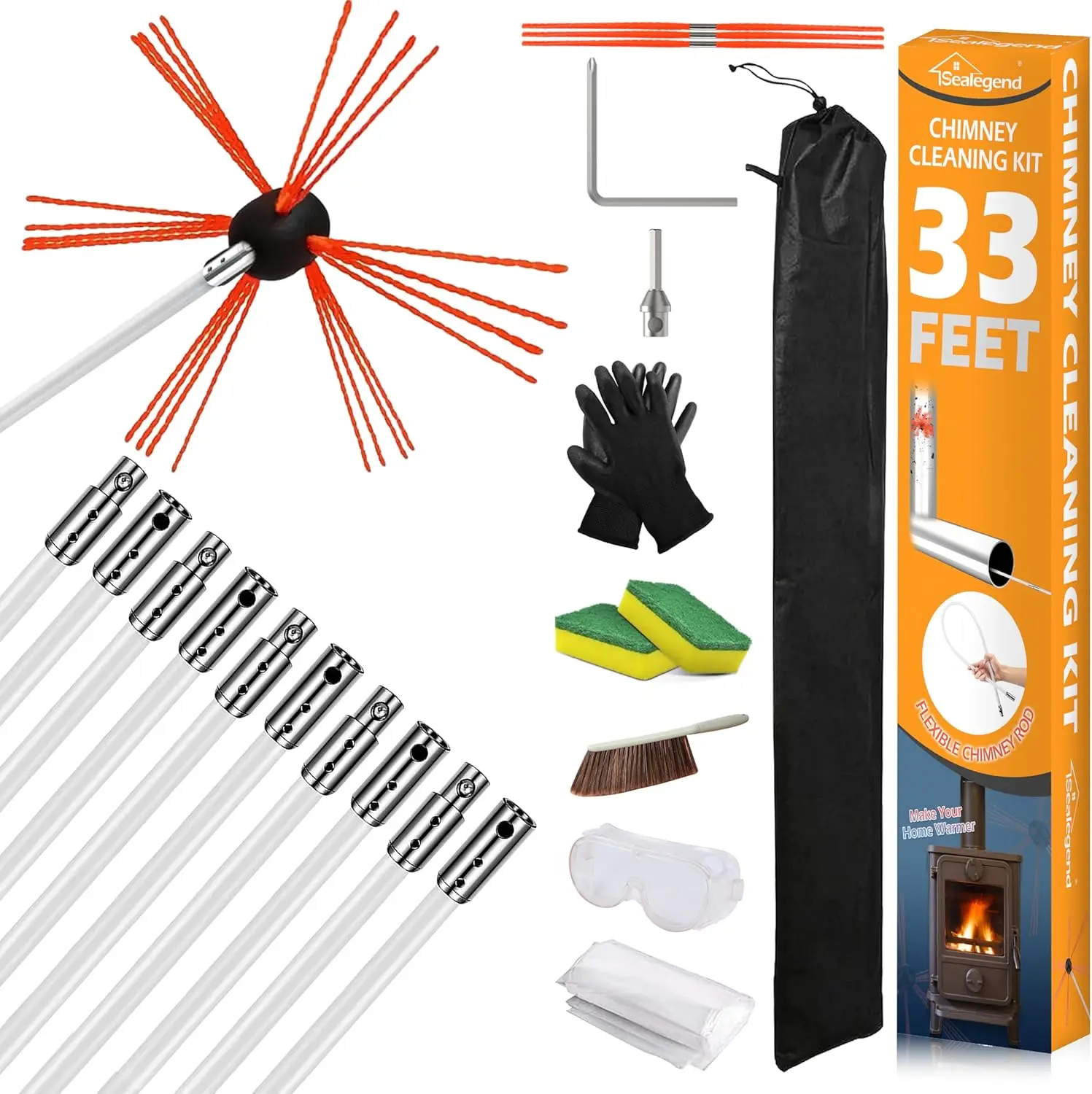 

33 Feet Chimney Cleaning Chimney Brush, Chimney Sweep and Chimney Cleaning Logs Tools Set with 10 Flexible Rods