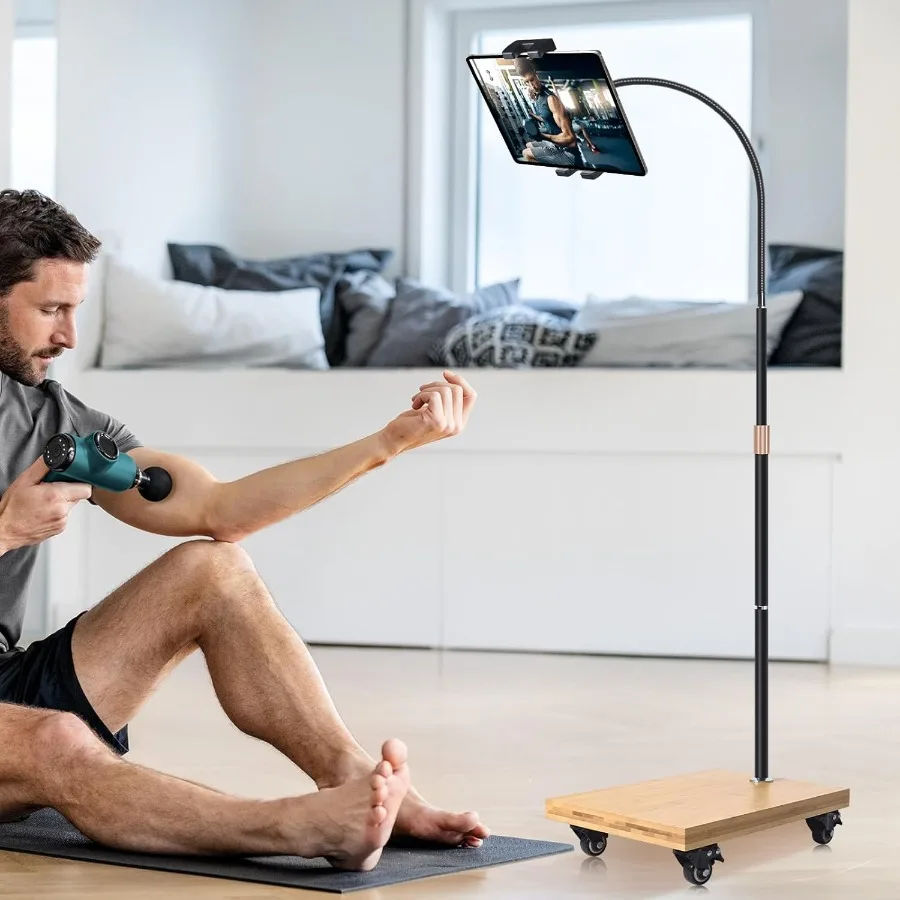 Soporte de suelo para tableta wishacc con soporte giratorio ajustable en cuello de cisne y ruedas para mesita de noche Compatible con iPad Galaxy Tab Kindl