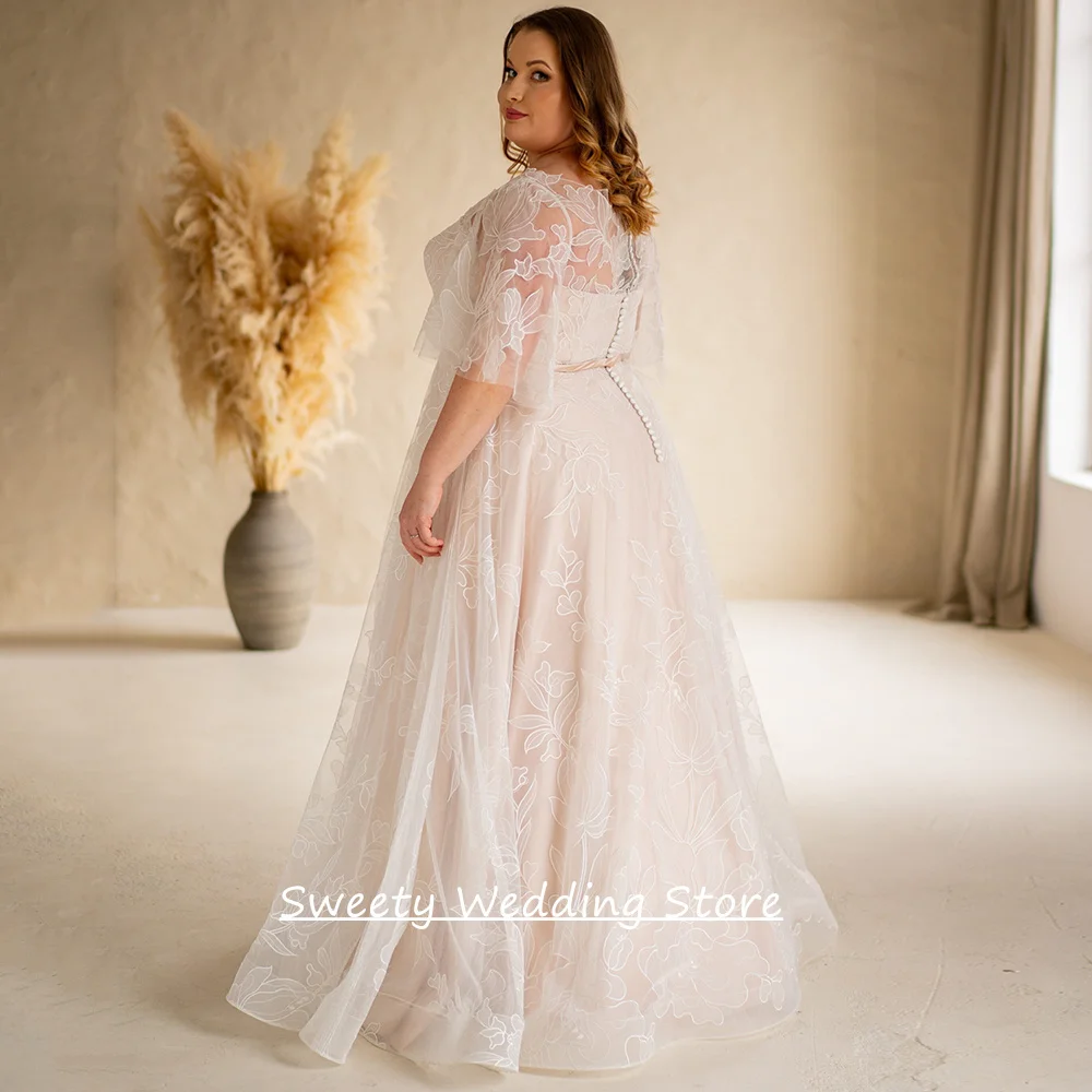 Unique Plus Size Wedding Dress Customized Batwing Sleeves V Neck A Line Lace Bridal Gown Sweep Train Vestido De Noiva