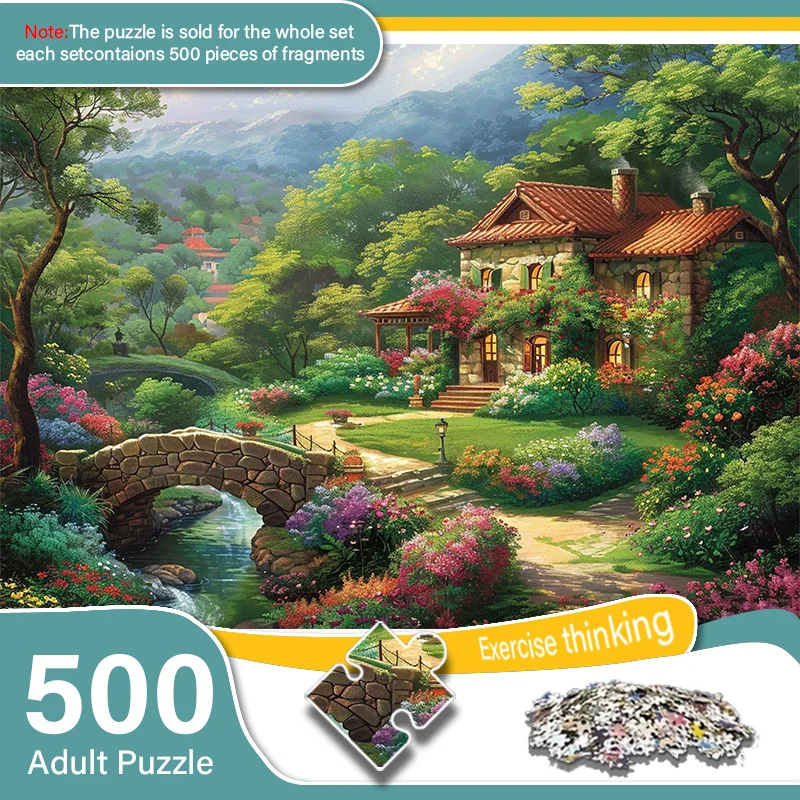 Eine Schachtel mit 500 Stück Mini-Puzzles für Erwachsene mit rustikalem Hütten-Design – kratzfest, herausfordernd und geeignet für Erwachsene