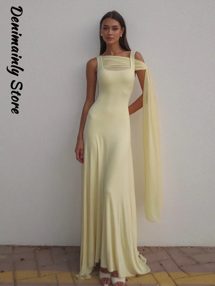Luz amarela sem mangas maxi vestido feminino 2026 pescoço quadrado malha recorte um ombro cachecol formal festa de noite elegante baile de formatura robe