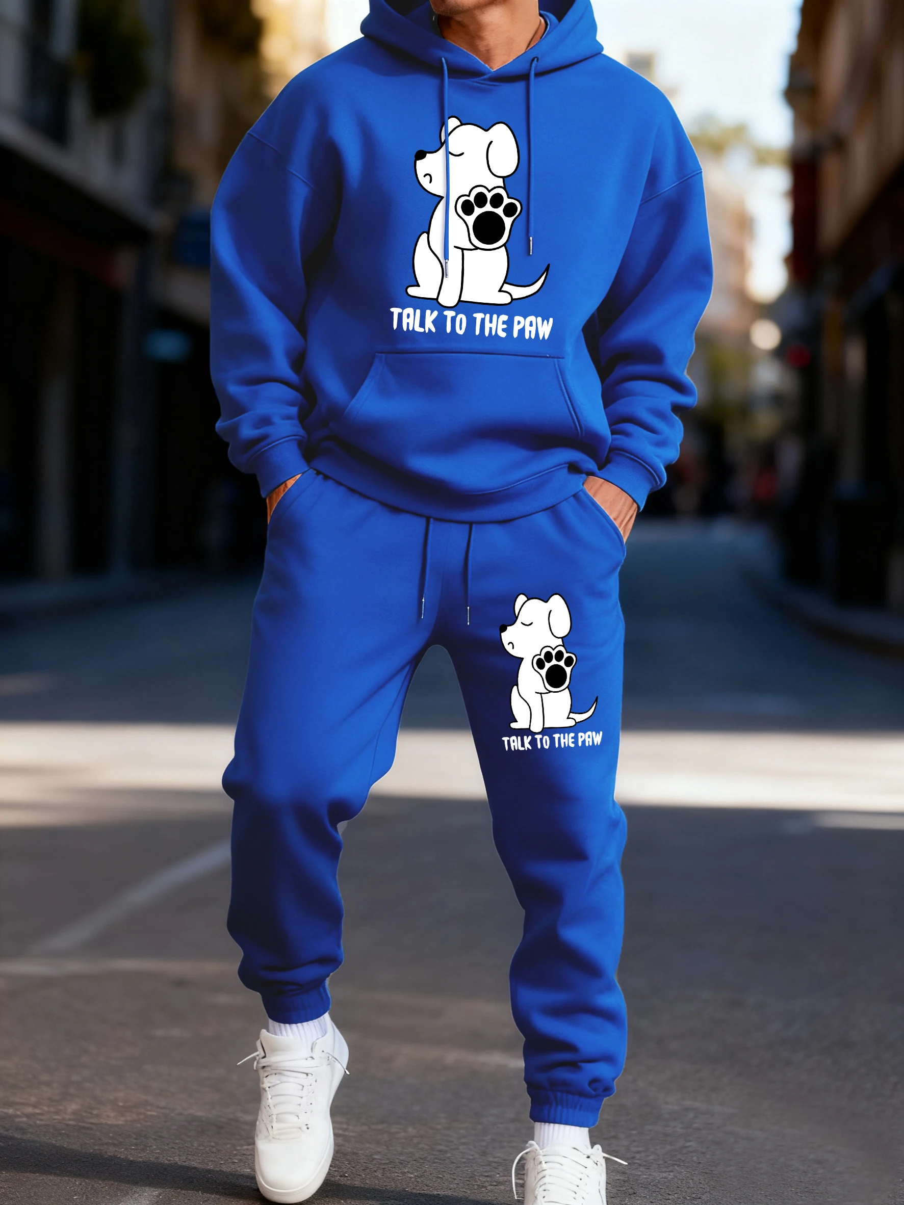 Talk To The Paw Cartoon Dog Printed Men'S Hoodies Fleece Drawstring Hoodie Set Casual Autumn Sweatpant Loose Comfortable Clothes