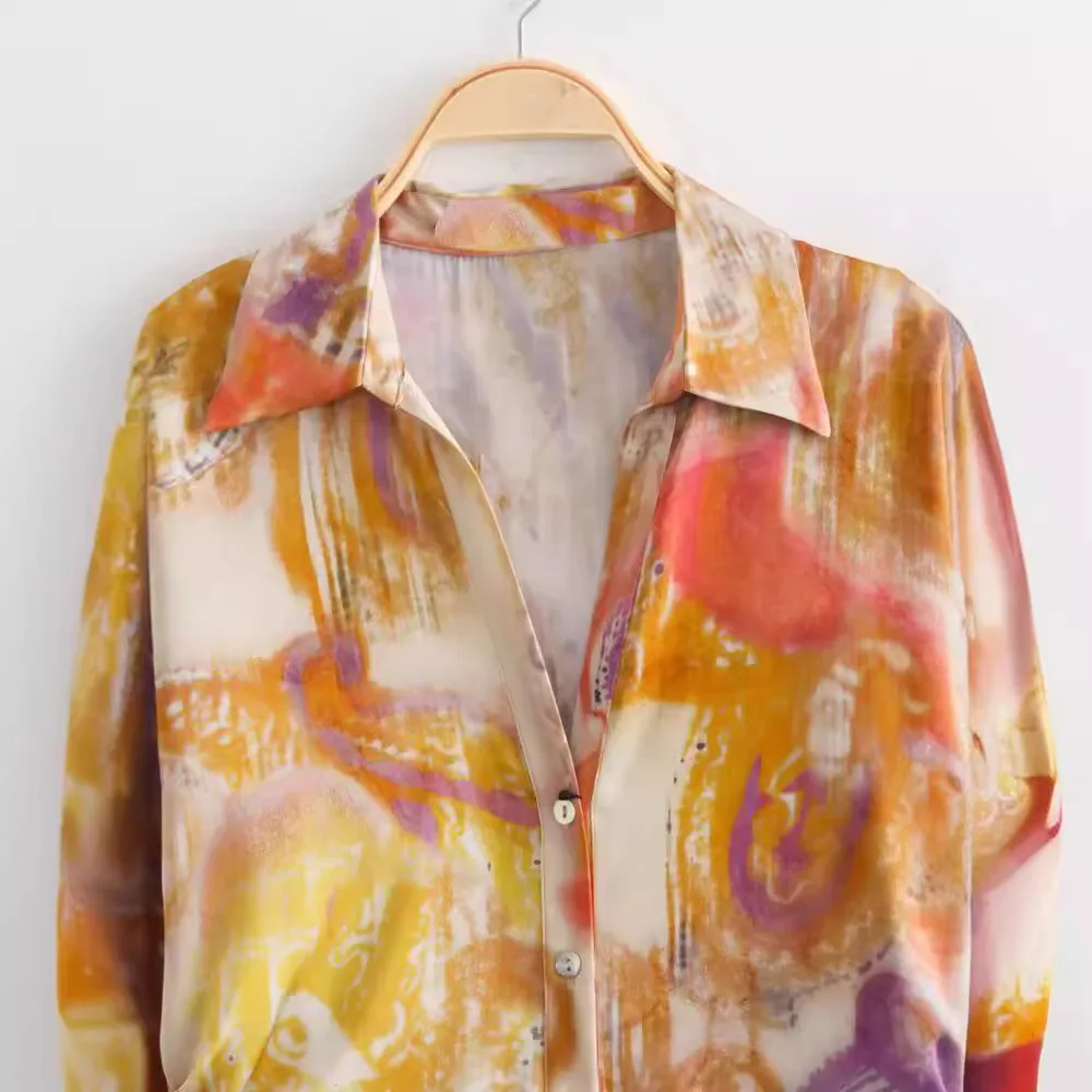 Sommer Blumen druck Satin Langarm Hemd Kleid Frauen A-Linie Knopf drehen Kragen mittellange Kleider lässig Vestidos