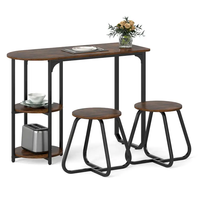 Industrial 3 Piece Dining Table Set With 2 Stools, Rustic Brown Faux Wood Top And Black Metal Frame, Side Shelves For Storage, Adjustable Feet For Stability, Space Saving Design For Apartment, Small Room, Kitchen, Breakfast Nook, Modern Farmhouse Fur