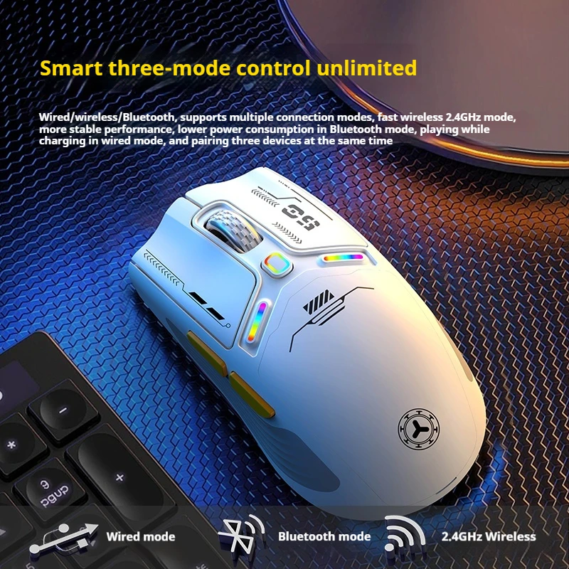 Rgb Tri-Mode Gaming Mouse Wired Bluetooth 2.4g Wireless Low Latency PAW3311 Sensor Custom Macro Replaceable Back Cover Mouse