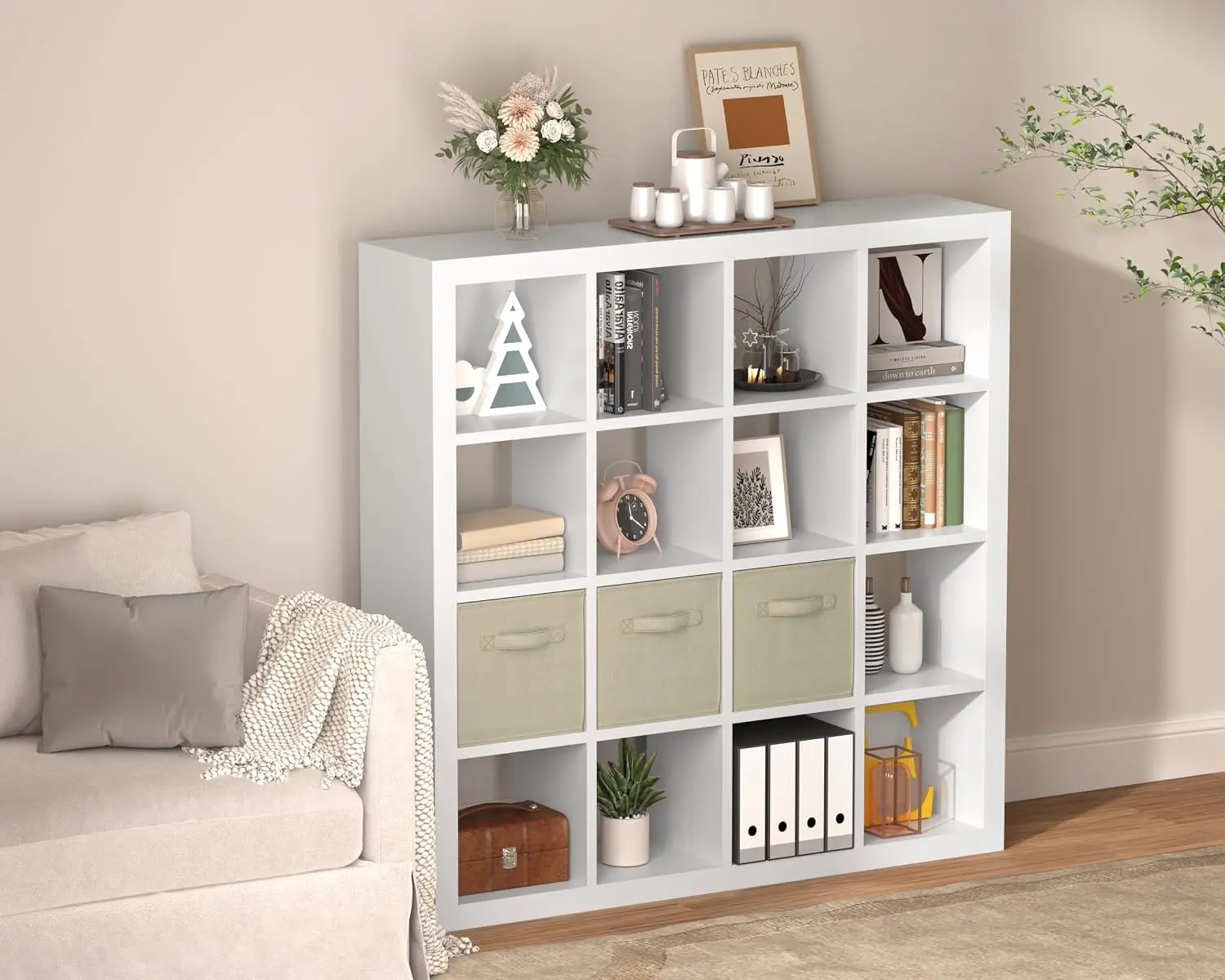 16-Cube Storage Organizer with Back Panels, Wood Bookshelf & Display Shelf for Living Room Bedroom Office, White, Customized