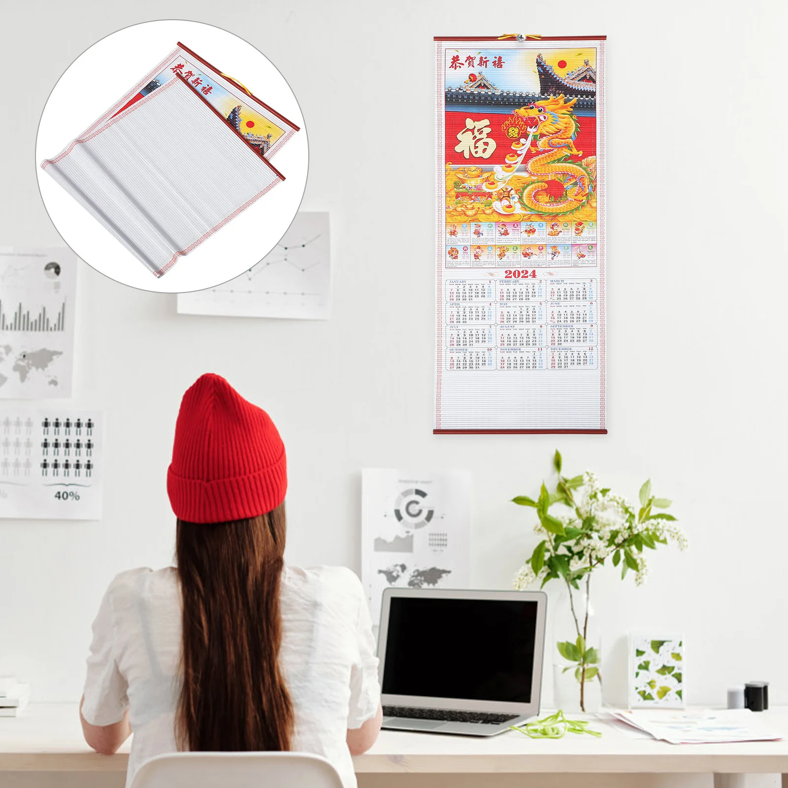 تقويم حائط سنة التنين 2024 مخطط التاريخ القمري الصيني التقليدي تقويم معلق للمنزل والمكتب والزمن السنوي #5