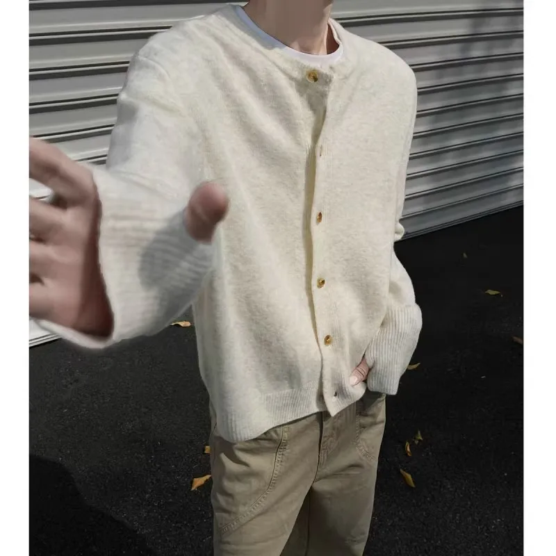 

Retro Korean Sle round Ne Open Cardigan Sweater Men's Winter Lazy Chic Knitwear Cleanfit Outerwear Soft Polyester Casual
