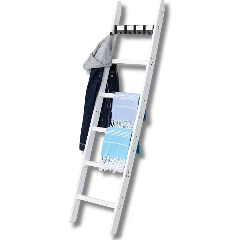 Blanket Ladders for The Living Room - 62 Inches - 6 Tiers Ladder Blanket Holder with Hooks, Non-Slip Pads