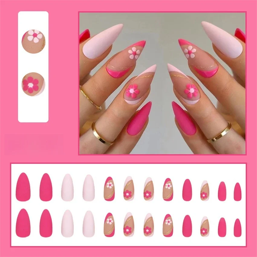 24 pçs/set fresco pequena flor bonito branco vestindo unhas falsas moda francesa amêndoa imprensa em unhas adesivos acrílico dicas de unhas falsas