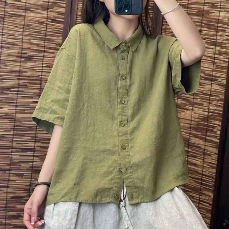 Women Summer Simplicity Loose Cotton and Linen Turn-down Collar Short Sleeve Shirts Women Clothes Casual Solid Color Trend Tops