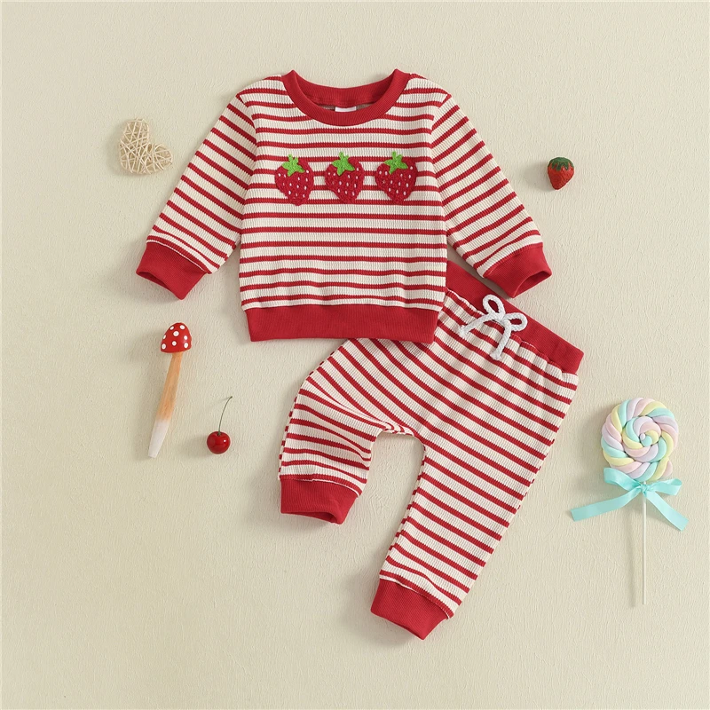 

Autumn Fashion Toddler Baby Girls Clothes Sets Strawberry Embroidery Long Sleeve Sweatshirt Tops Striped Pants Sets