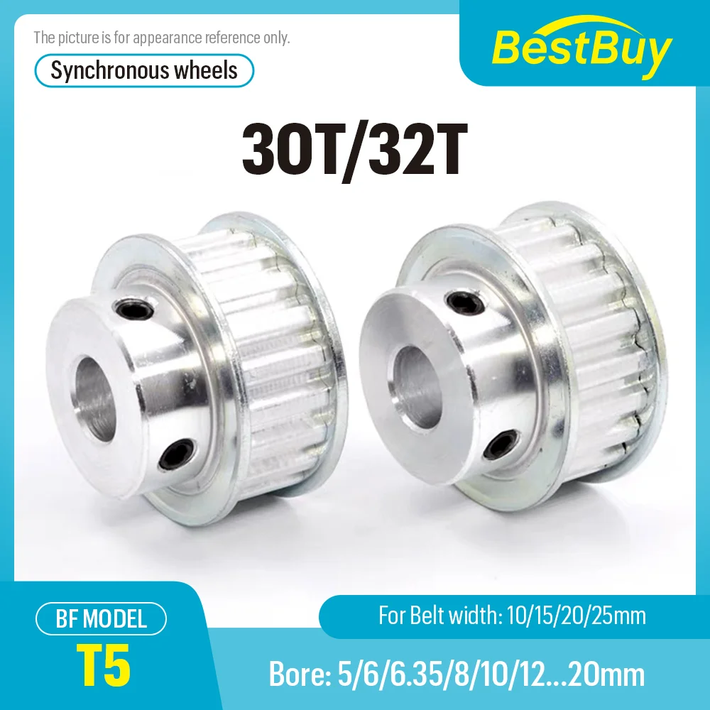 30T/32T Synchronous Wheels Bore 5-20mm Alloy Wheels BF Shape Pitch 5mm Match With Width 10/15/20/25mm T5 Timing Belt