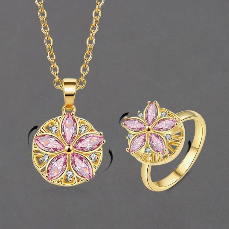 Fashion Rotatable Necklace for Women Pink Zircon Flower Spinning Cherry Blossom Ring Niche Design Romance Jewelry Set KOFSAC